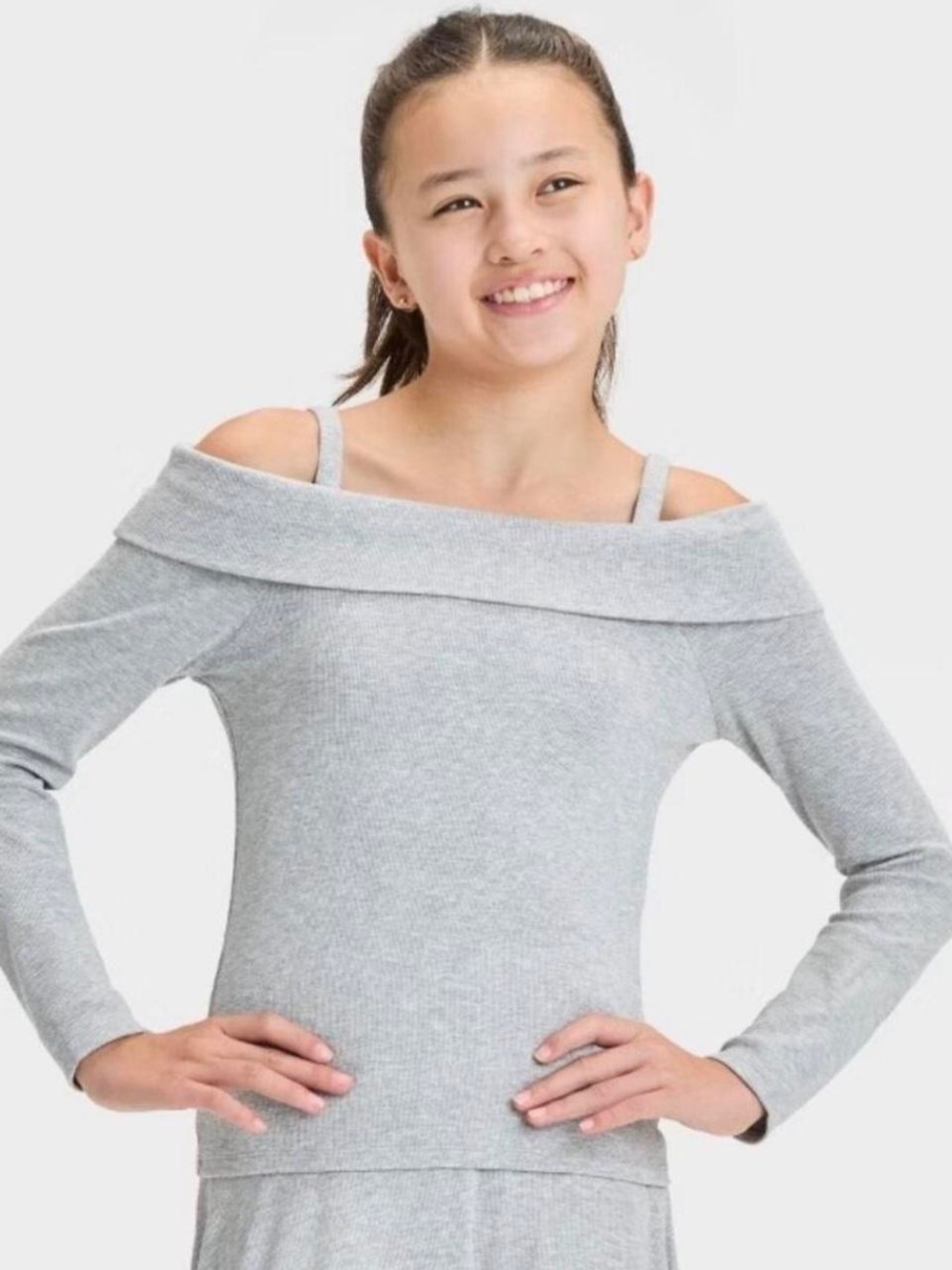 Art Class Girls’ Off the Shoulder Long Sleeve Ribbed Shirt - Heather Grey L